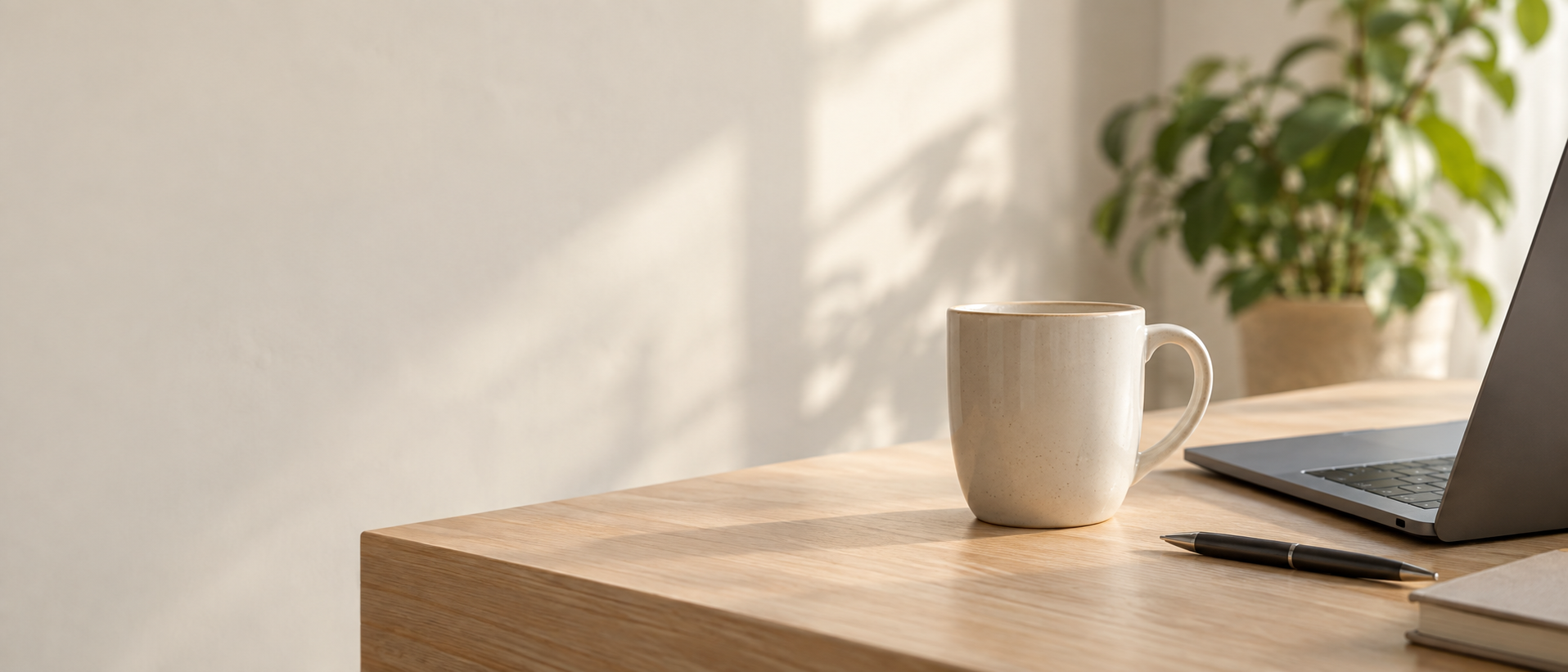 A quiet office desk with a ceramic mug, laptop, pen, and leafy plant