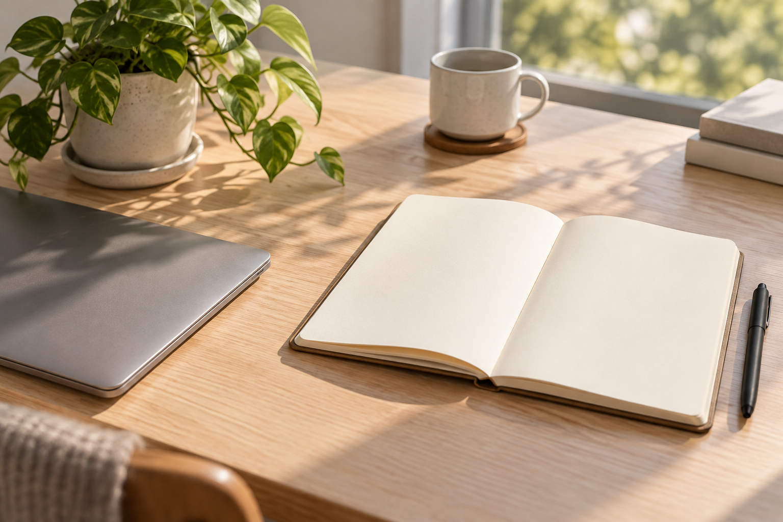 A blank open notebook beside a laptop, plant, mug, and pen