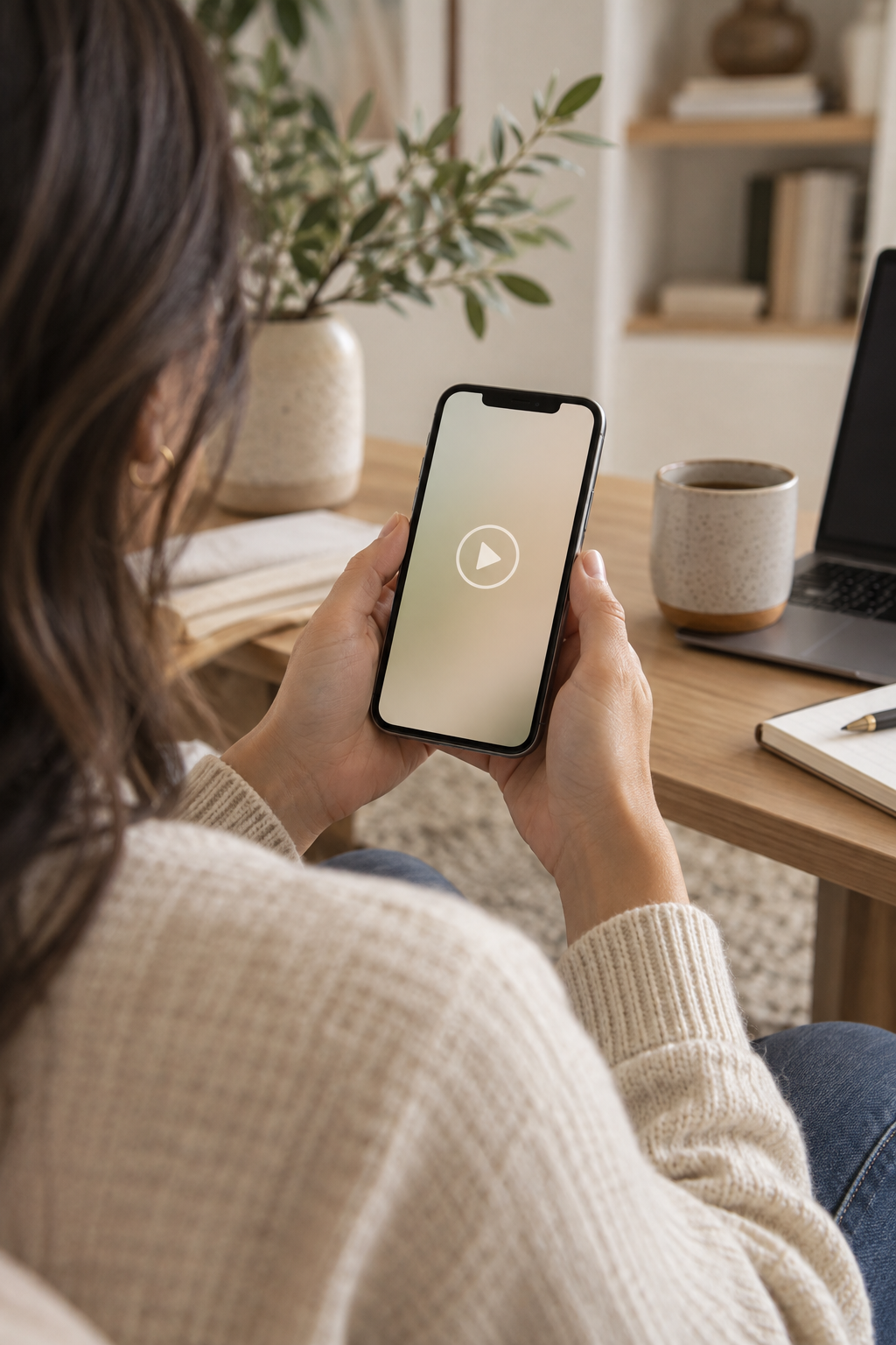 A person holding a phone with a blank screen and a simple play icon